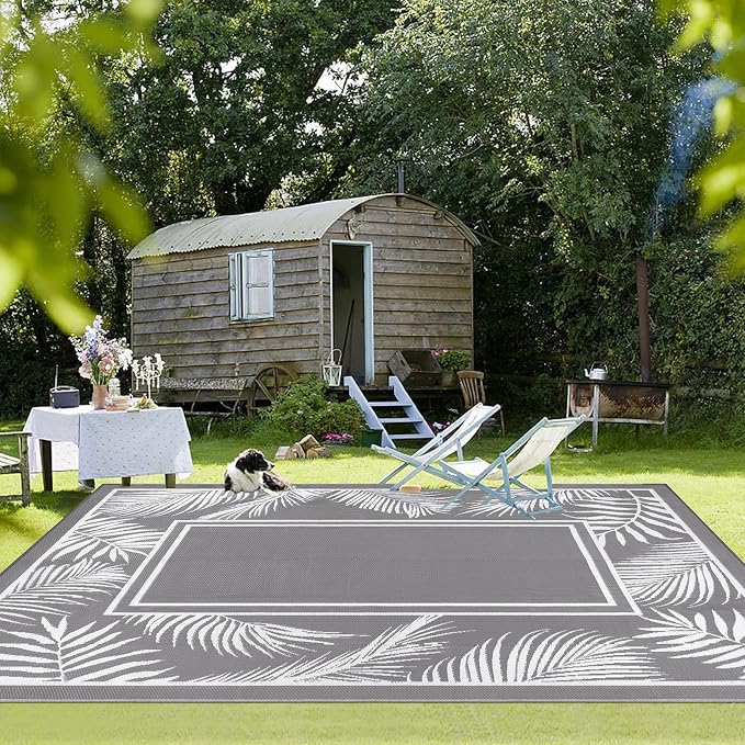 Bsmathom Waterproof Outdoor Rug 6'x9' Reversible Boho Plastic Straw Patio Deck Camping Rugs, Indoor Outdoor Portable RV Mat Clearance Carpet for Outside, Porch, Balcony, Backyard, Beach, Pool,Grey
