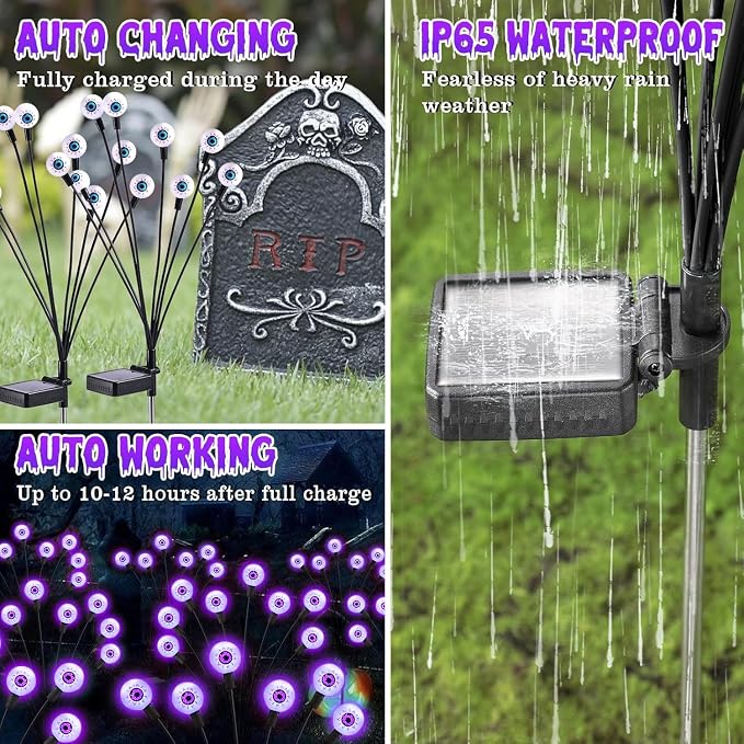ASMAD Halloween Decorations Outdoor Solar Scary Eyeball Lights, 10Pack 80LEDs Purple Eyeball Swaying Firefly Light, Waterproof Halloween Path Lights for Garden/Yard/Patio/Party Decor