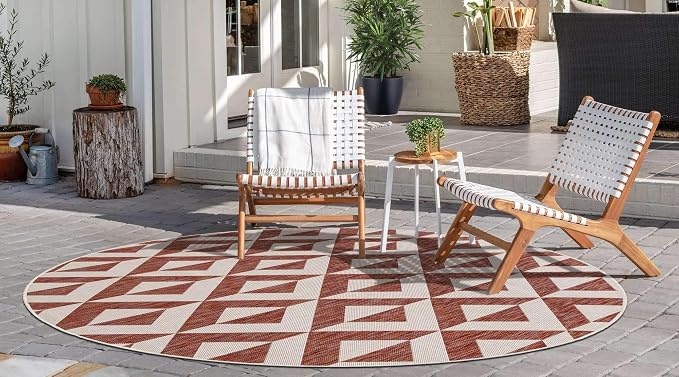 Unique Loom Outdoor Collection Area Rug - Napa (6' 7" Round, Rust Red/ Ivory)