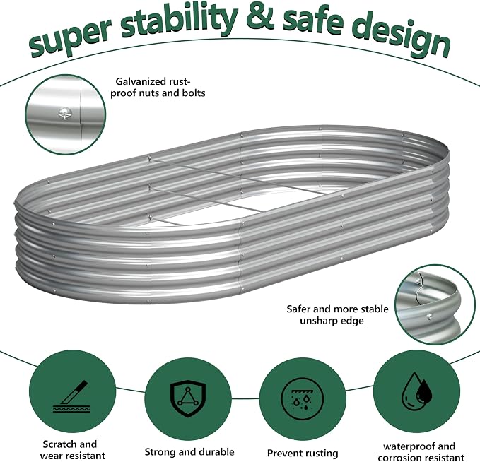Galvanized Raised Garden Bed Outdoor, 8x4x1ft(2Pack) Metal Heavy Duty Planter Boxes for Gardening, Easy Assemble Bottomless Small Oval Plant Container Kit for Vegetable, Flower, Fruit, Silver