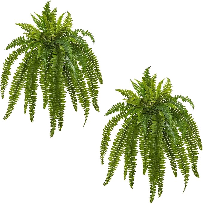 Nearly Natural 40in Boston Fern Artificial Plant, Large Hanging Fake Plant with 50 Long Realistic Fronds, Maintenance-Free Faux Fern for Office and Home Décor (Set of 2)