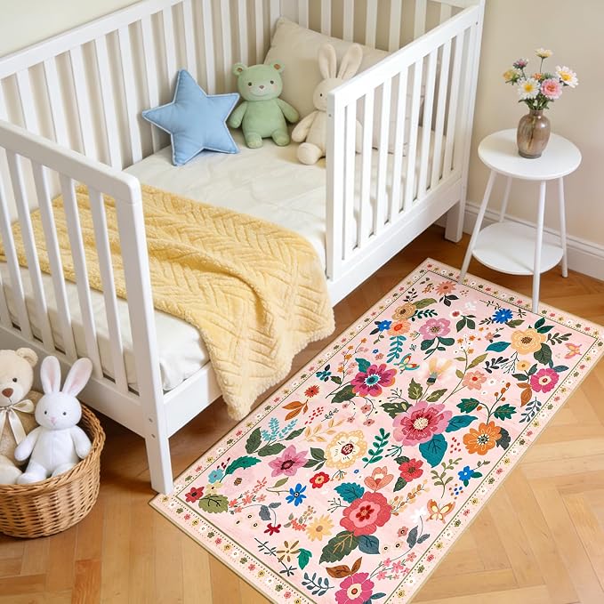Floral Washable 2x4 Area Rugs Runner Entryway Hallway Pink | Flower Carpet, Print, Boho, Non-Slip, Easy to Clean, Low Pile, Soft, for Living Room Bedroom Kitchen Office Entrance