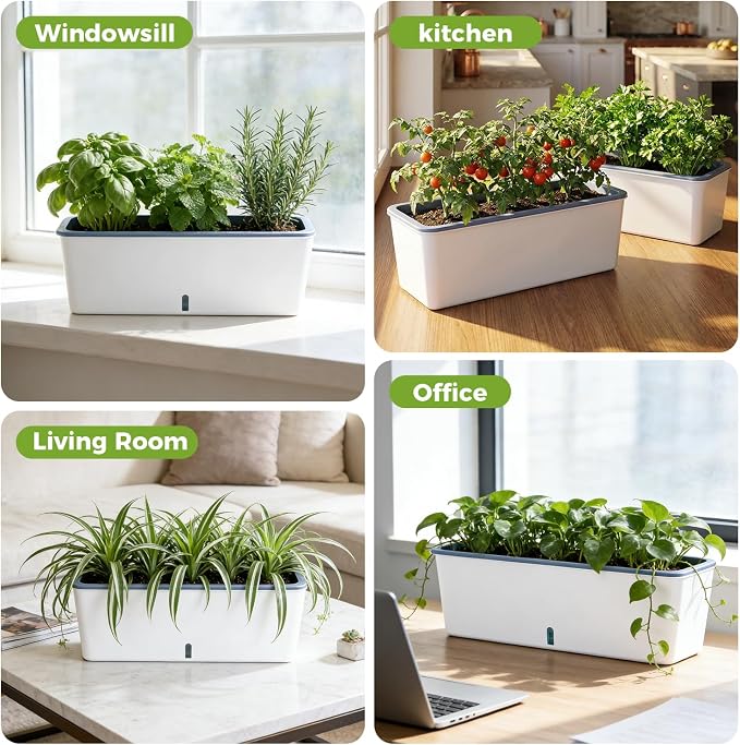 4 Pack Rectangular Planter 17 x 4.5 in Self Watering Planter Window Sill Planters Indoor Rectangle Planter Self Watering Pots Plastic Plant pots with Drainage Holes White Flower Pot Indoor