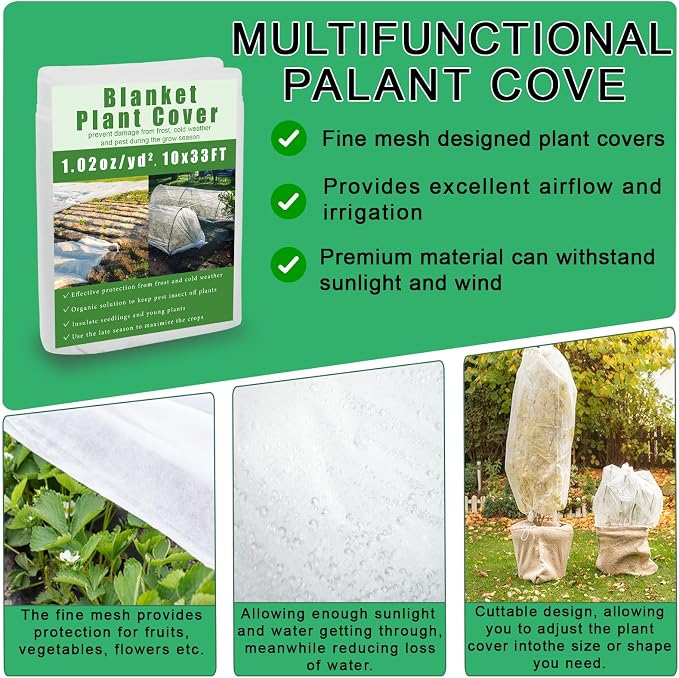 Plant Covers Freeze & Sun Protection, 10x33ft Thickened Reusable Frost Blanket, Non-Woven Row Cover Garden Fabric for Winter Frost, Cold Weather,and Sun Protection for Outdoor Plants, Vegetables