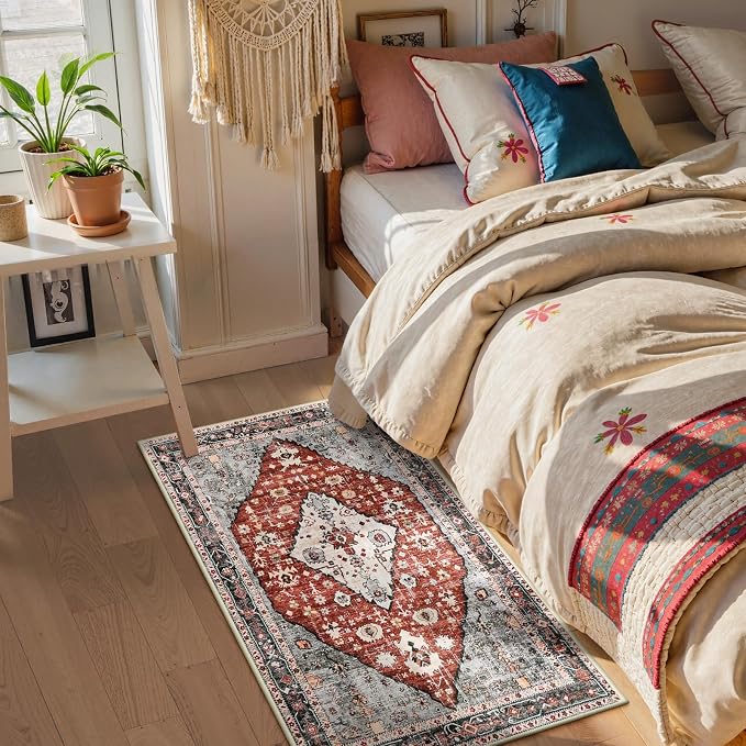 Lahome Felice Boho Tribal Runner Rug - 2x4.3 Red Washable Kitchen Rug Soft Bedroom Mat, Non Slip Kid Pet Friendly Long Bathroom Carpet Runner for Front Door Hallway Foyer Powder Room Vanity