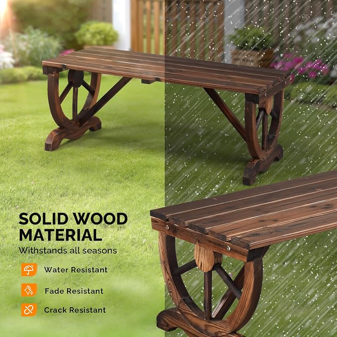 VINGLI Rustic Wooden Wheel Bench Outdoor Bench, Patio Bench Wagon Slatted Seat, Garden Benches for Outdoors 350lbs High Capacity, Weather Resistance (Rustic, 38in)