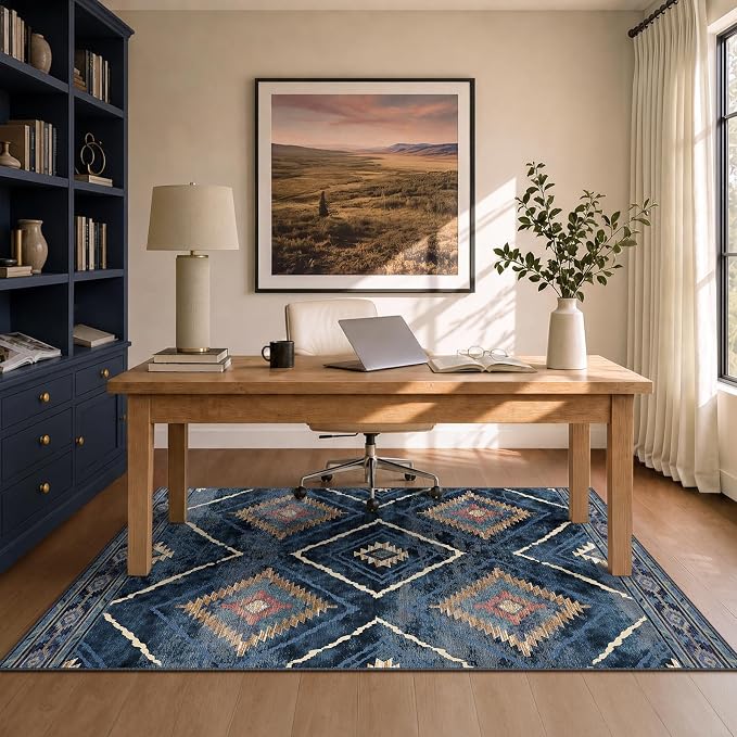 4'x6' Washable Area Rug for Living Room Bedroom Darkblue | Soft Western No Slip Low Pile Print Foldable Indoor for Kitchen Dining Room