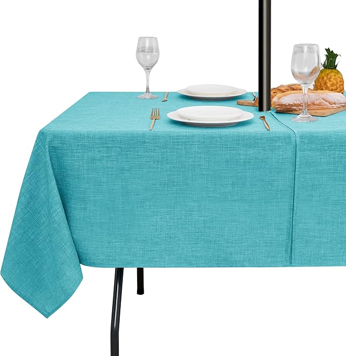 LUSHVIDA Outdoor Tablecloth with Umbrella Hole - Patio Table Cloth Zippered Rectangle 60x120 Inch, Teal Linen-Look Polyester Table Cover Water Resistant for Picnic Outside