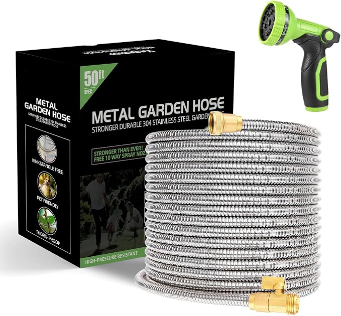 Metal Garden Hose 50 ft Water Hose 304 Stainless Flexible Lightweight Outdoor Yard Strong Durable Heavy Duty Hose Pipe with 10-Way Nozzle Solid 3/4" Brass Connectors No Kink Leakproof Outside