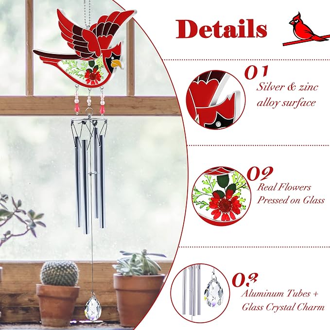KY&Bosam Cardinal Wind Chimes for Outside Memorial Sympathy Gifts 20" Memorial Wind Chimes for Loss of Loved One Cardinal Sympathy Wind Chimes Bereavement Condolence Remembrance Gift for Loss of Mom