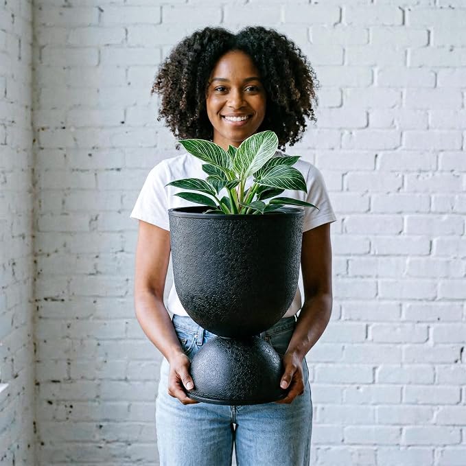 KOL Planters Flower Pots, Plastic Urn Planters for Indoor Outdoor Plants, Black Pedestal Planter Pots 2 Pack, 18 Inch Tall Decorative Planters with Drainage Holes & Plugs for Front Porch Patio Garden