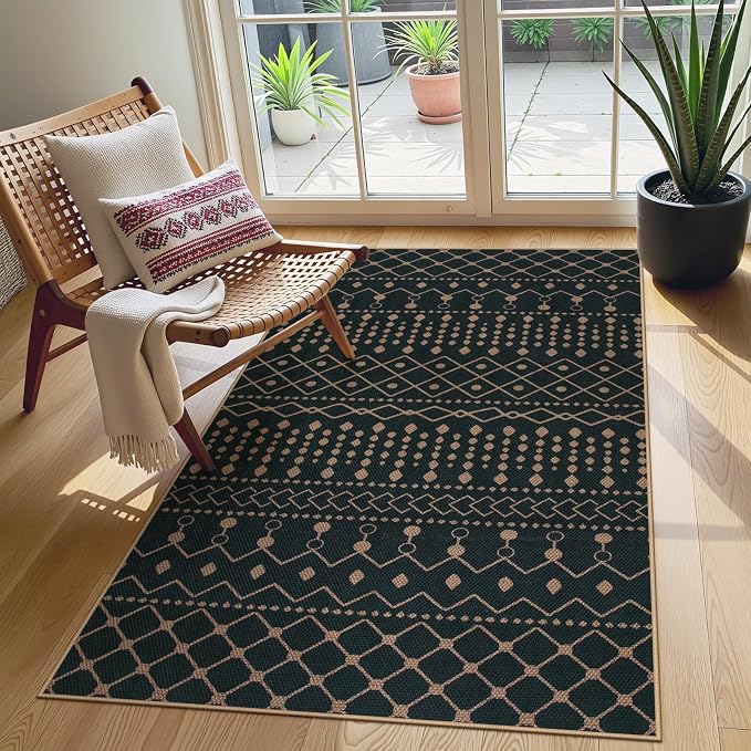 Lahome Moroccan Easy Jute 3x5 Outdoro Rug, Black and White Entryway Rug | Modern Geometric Non Slip Washable Indoor Outdoor Carpet for Porch Kitchen Patio