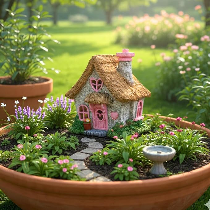 PRETMANNS Fairy House for Outside with Solar Powered LED Lights for Garden - Fairy Garden Houses for Outdoor - Miniature Accessories for Cottage Decor for Village - 7.56” High, Pink