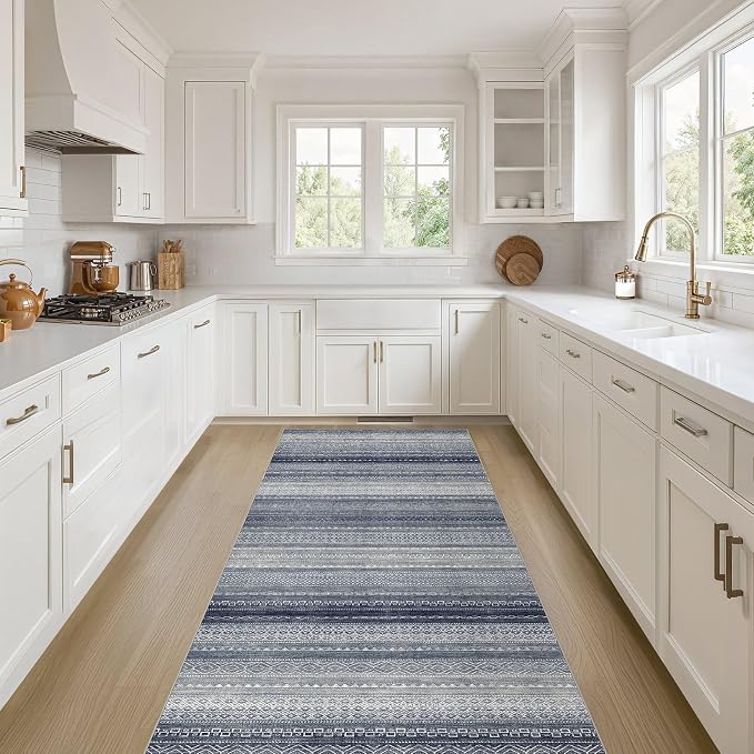 Nakagishi Boho 2x6 Runner Rug Machine Washable Rugs Non Slip Denim Blue | Soft Underfoot, Stain Resistant, Carpet for Bedroom/Kitchen/Entryway/Hallway, Bathroom Pet & Kid Friendly Moroccan Farmhouse