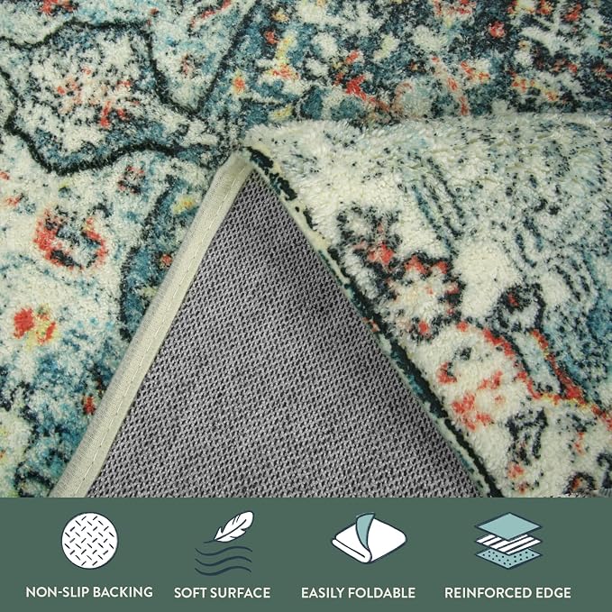 Lahome Boho Bohemian Area Rug - 2x3 Small Washable Bathroom Entryway Kitchen Rug,Floral Medallion Non Slip Pet Friendly Vintage Throw Carpet for Indoor Front Door Sink Living Room Bedroom,Teal