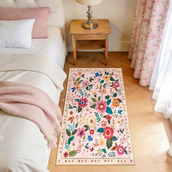 Floral Washable 2x4 Area Rugs Runner Entryway Hallway Pink | Flower Carpet, Print, Boho, Non-Slip, Easy to Clean, Low Pile, Soft, for Living Room Bedroom Kitchen Office Entrance
