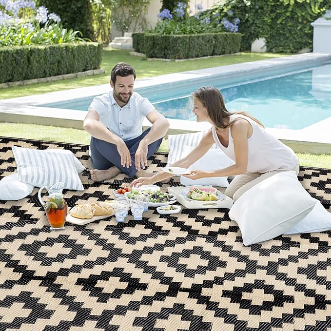 SAND MINE Waterproof Outdoor Rug 9x12 ft, Plastic Reversible Rug, Modern Area Rug, Large Floor Mat for Outdoors, RV, Patio, Backyard, Deck, Picnic, Beach, Camping