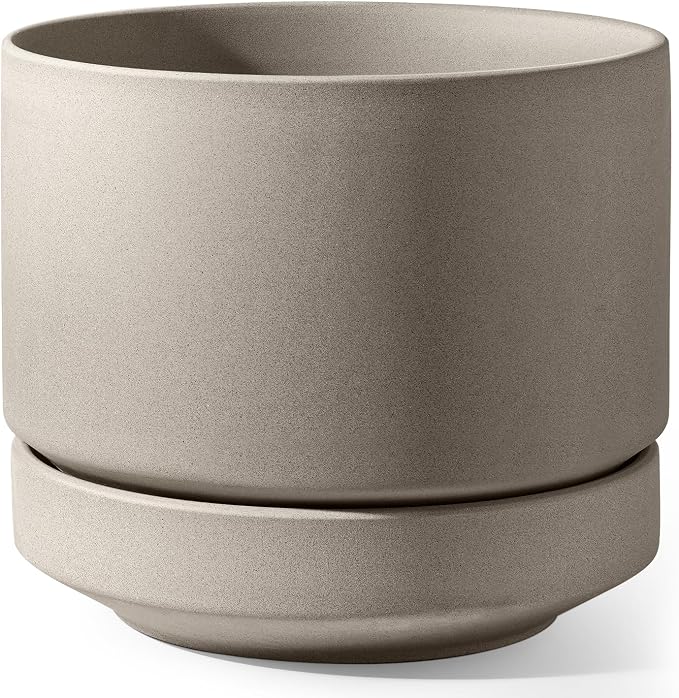 LE TAUCI 12 Inch Pots for Plants with Saucer | Ceramic Outdoor & Indoor Planter Pot for Plants | Drainage Hole, Mesh Pad | Unglazed Porous | Modern for Home, Office and Patio – Neutral Gray
