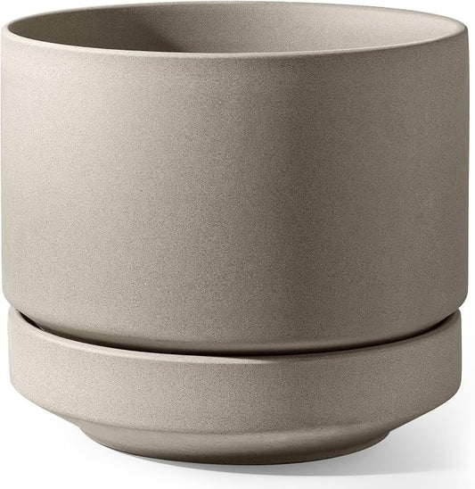 LE TAUCI 12 Inch Pots for Plants with Saucer | Ceramic Outdoor & Indoor Planter Pot for Plants | Drainage Hole, Mesh Pad | Unglazed Porous | Modern for Home, Office and Patio – Neutral Gray