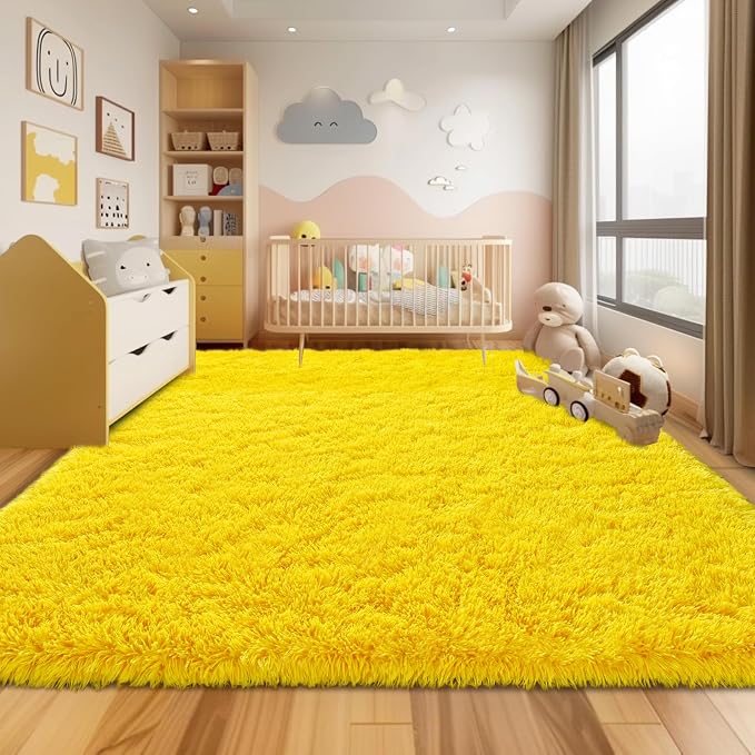 8x10 Large Area Rugs for Living Room, Fluffy Washable Yellow | Upgrade Non-slip, 8 x 10 Big Shag Rug for Bedroom Girls Kids Nursery, Modern Shaggy Furry Carpet for Dorm, Flame Resistant