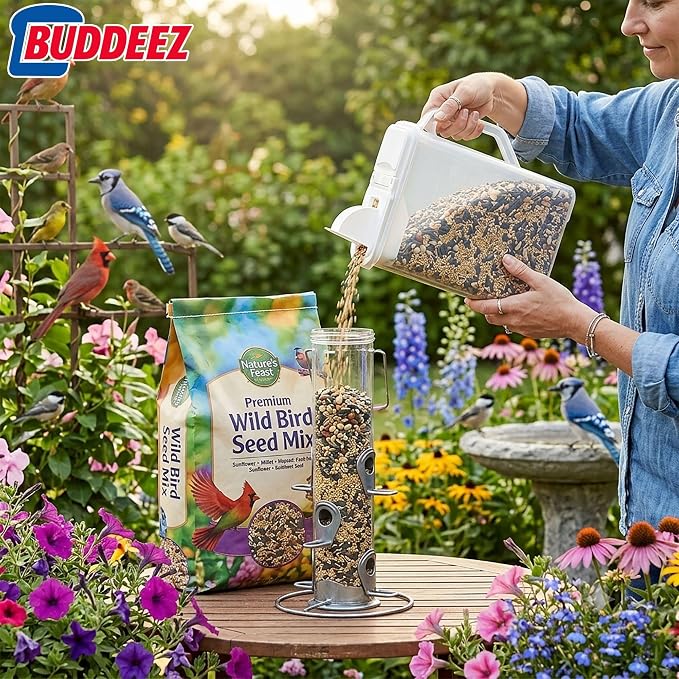 Buddeez Bulk Food Storage Container - 8 Quart All Purpose Clear & Large Pantry and Kitchen Organization and Storage - Cereal, Bird Seeds, Flour, Sugar, Rice Dispenser, EZ Grip Handle (White Lid)