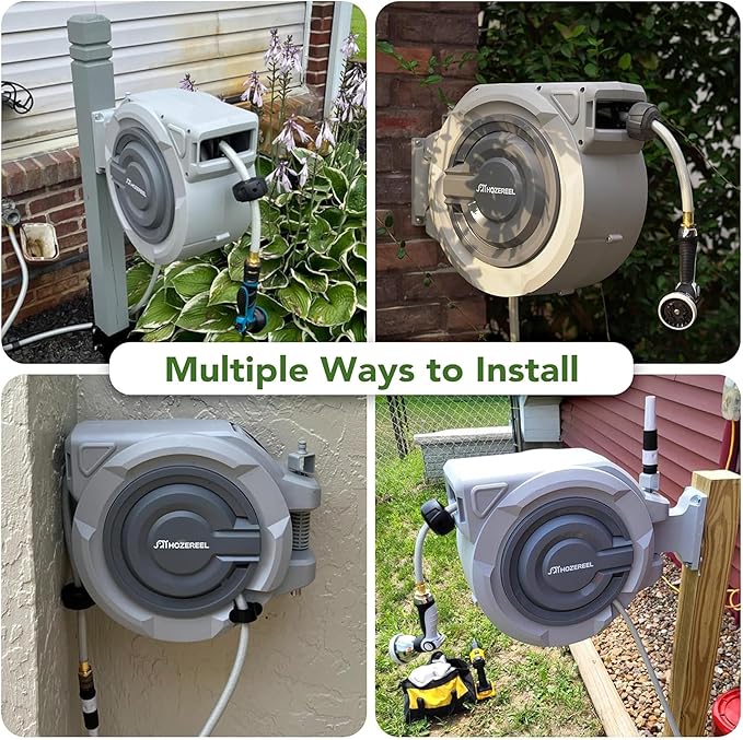 72 FT x 5/8" Retractable Garden Hose Reel by HOZEREEL, Outdoor Garden Hose Reels - Automatic Self Retract Wall Mount Hose Reel Enclosed Storage, Any Length Lock, 10 Pattern Nozzle-Grey