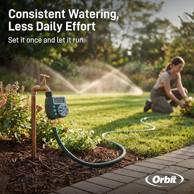 Orbit Programmable Digital Hose Watering Timer - 1 Outlet - Battery Powered - with LCD Screen - Built-in Rain Delay - Water-Resistant - 62061