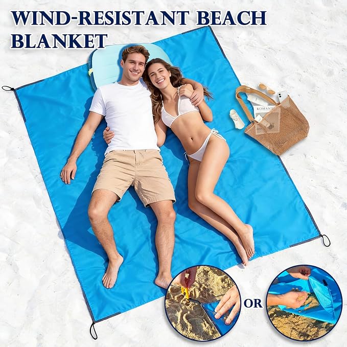 Fammart Pocket Picnic Blanket Sandproof Waterproof, Portable Lightweight Camping Tarp, Quick Dry Foldable Compact Beach Mat with Corner Pockets & Stakes for Festivals Hiking Outdoor Essentials
