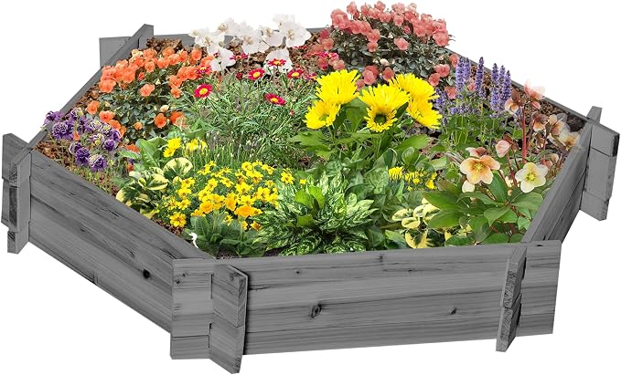 Outsunny Wooden Raised Garden Bed, Hexagon Screwless Outdoor Planter Box Plants, Vegetables, Flowers, Herbs, 39" x 36" x 6", Gray