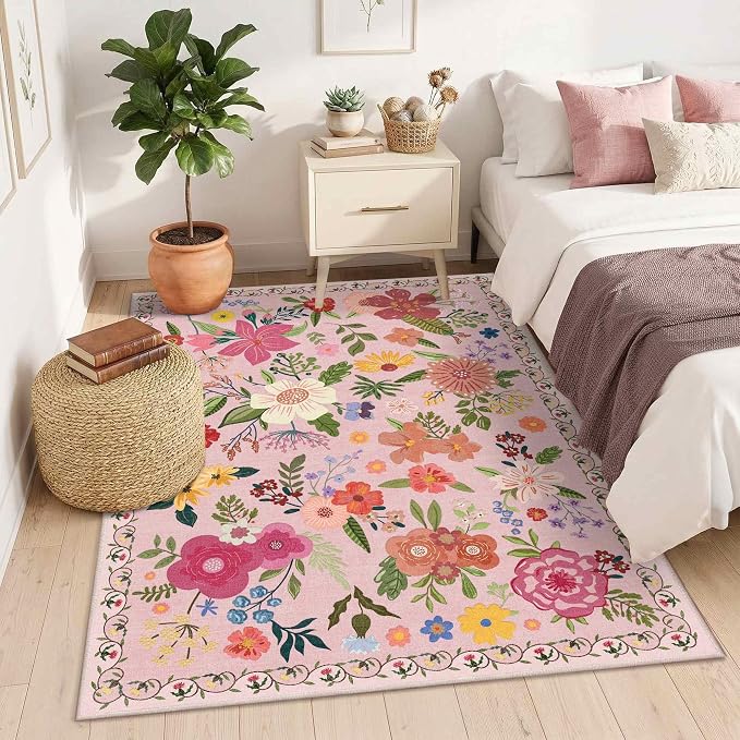 Latte&Fog Washable Pink 4x6 Area Rug for Entryway Cute Floral Rugs | for Girls Bedroom Dining Kitchen Kids Playroom Nursery Classroom Dorm Farmhouse Office, Non Slip Low Pile Soft Floral Carpet