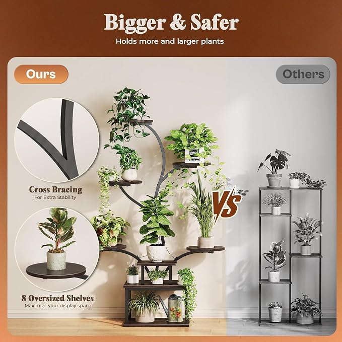 PRAISUN 51 Inch Plant Stand with Grow Lights, 8 Tiered Indoor Plant Shelf with Larger Flower Holder, Curved-tubed Design, 3 Light Modes, Corner Plant Rack for Living Room, Walnut