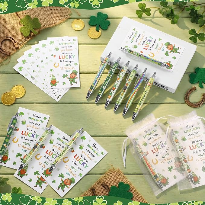 Marspark 30 Set St. Patrick's Day Gifts Bulk Lucky Shamrock Ballpoint Pens and Greeting Cards with Bag Twist Tie for St Patricks Day Employee Coworker School Office Home Irish Party Favor Supplies