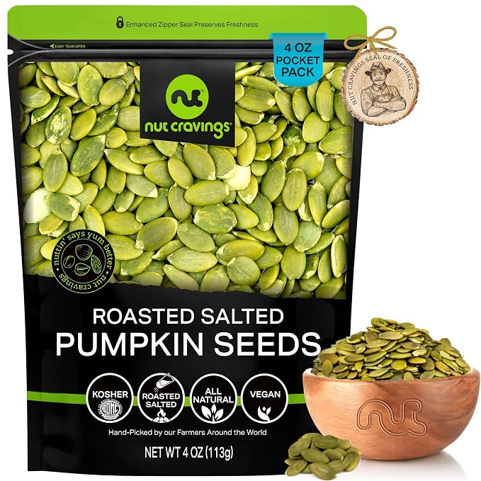 NUT CRAVINGS - Roasted & Salted Pumpkin Seeds, Pepitas, No Shell (4oz - 0.25 LB) Packed Fresh in Resealable Bag - Nut Snack - Food Assortments