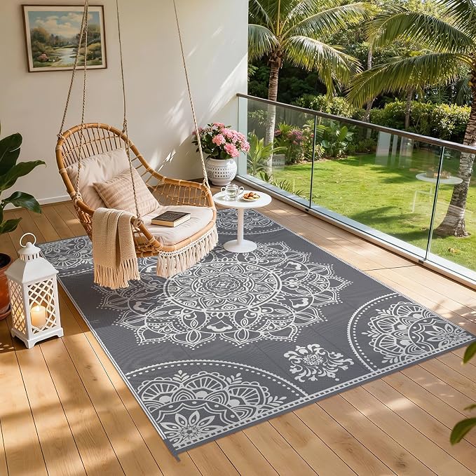 Pauwer Waterproof Outdoor Rug 6x9, Reversible Plastic Straw Patio Camping Rug, Indoor Outdoor RV Mat Carpet for Deck, Camper, Porch, Balcony, Backyard, Picnic, Floral Grey