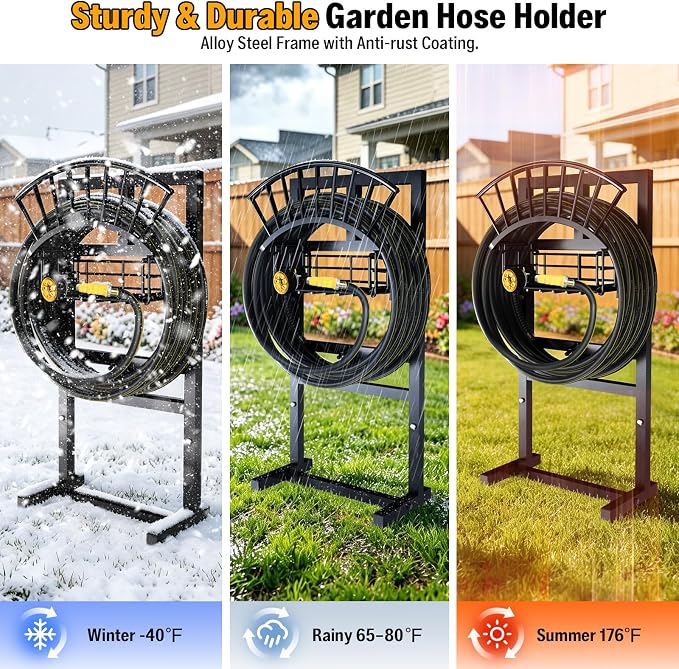Garden Hose Holder with 45ft Kink Free Water Hose Kit, Metal Heavy Duty Freestanding Garden Hose Hanger Storage Stand, Hose Storage for Outside Yard Lawn Farm, Outdoor Organizer