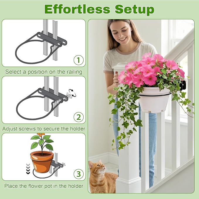 3pc Railing Plant Hanger - Adjustable Railscapes Plant Holder Between Rails, 7 Inches Floating Railing Plant Clip Rustproof Metal Plant Traps for Pots on Railing