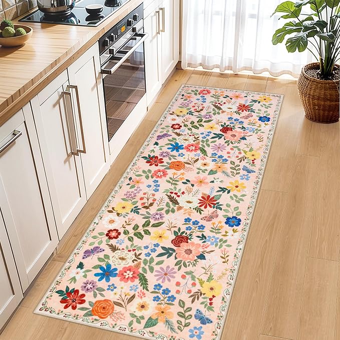 PLHXFR 2.6x8 Washable Runner Rug：Floral Indoor Kitchen Soft Carpet Beige | For Hallway Bedroom Kitchen Laundry Bathroom Dorm,Vintage Floral,Machine washable,Non Slip,Stain Resistant,Indoor Floor
