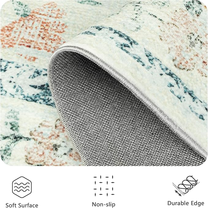 8x10 Area Rugs, Machine Washable Low Pile Floral Rugs for Living Room, Bedroom, Large Boho Area Rug with Non-Slip Backing for Dining Room(Beige Bloom)