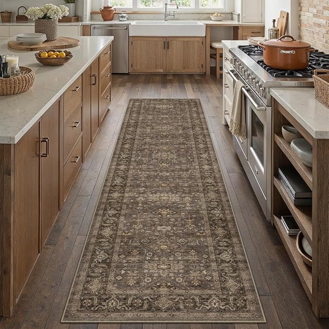 2'6x12 Dark Brown Vintage Runner Rug | Washable, Non Slip, Soft Low Pile, Traditional Farmhouse, for Hallway Kitchen Laundry Bathroom Bedroom