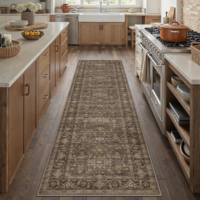 2x14 Dark Brown Vintage Runner Rug | Washable, Non Slip, Soft Low Pile, Traditional Farmhouse, for Hallway Kitchen Laundry Bathroom Bedroom