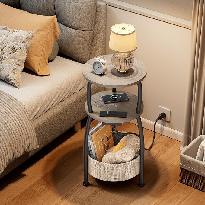Small Side Table with Charging Station, Round End Table with Basket, USB Port and Outlet, 3 Tiers Sofa Couch Table Bedside Table for Living Room Bedroom, Small Spaces, 11.81in Greige