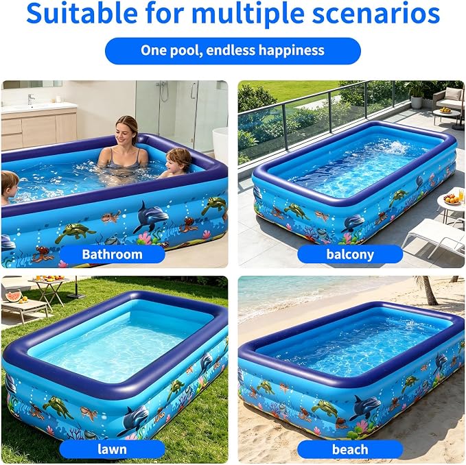 HAIKE Inflatable Pool for Adults and Kids, Family Full-Sized 3 Layer Thickened Swimming Pools, Rectangle Blow Up Pool for Backyard Garden, Kids Pool for Summer Outdoor Water Party (70.9"x51.2"x22")