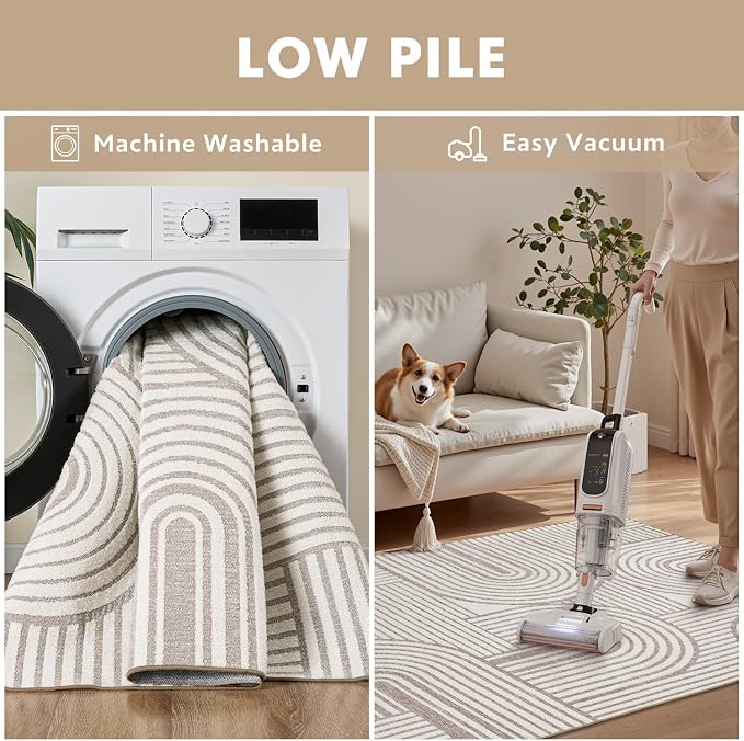 Beige Neutral 9x12 Area Rugs Textured Tufted Rugs for Living Room Bedroom Rug-Carpet Cream Ivory Washable Geometric Moroccan Modern Rug