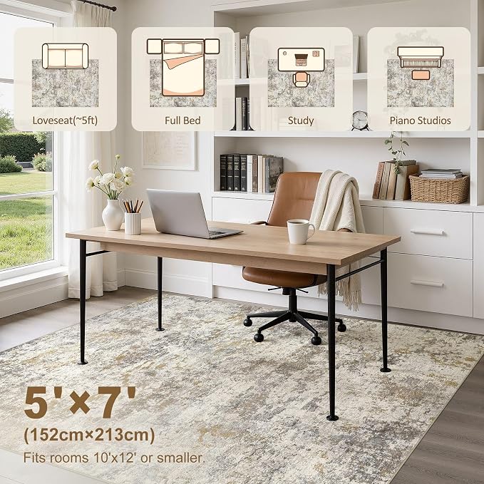 kakania Washable 5x7 Area Rug for Living Room: Abstract Modern Home Decor | Soft Stain Resistant, Low-Pile, Non-Slip, Pet & Kid Friendly, Thin Rug for Bedroom/Dining Room/Kids Dorm - Brown Gold