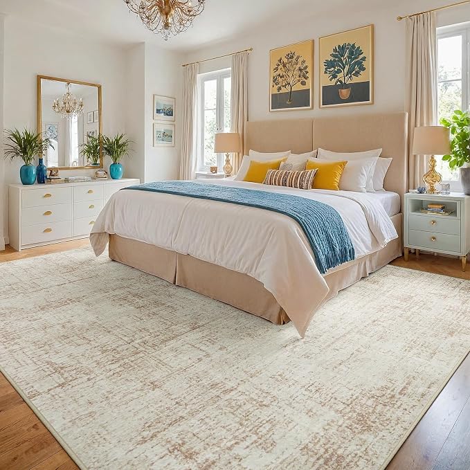 10x12 Area Rug for Living Room Bedroom: Non-Slip Modern Beige White | Machine Washable TPR Backing, Stain-Resistant Low Pile, Pet & Kid Friendly, Abstract Decor for Dining Room, Dorm, Home Office