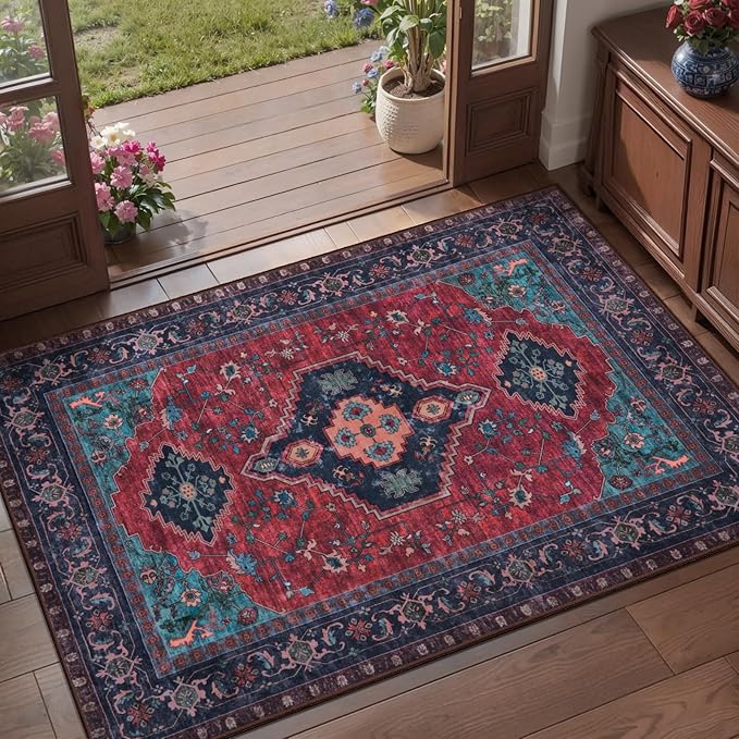 Tangsoo Oriental 2x3 Washable Entryway Rugs, Non Slip Small Area Rug | Vintage Indoor Front Door Rug, Boho Print Door Mat Low Pile Throw Rugs for Entrance Entry Kitchen Bedroom Burgundy/Navy