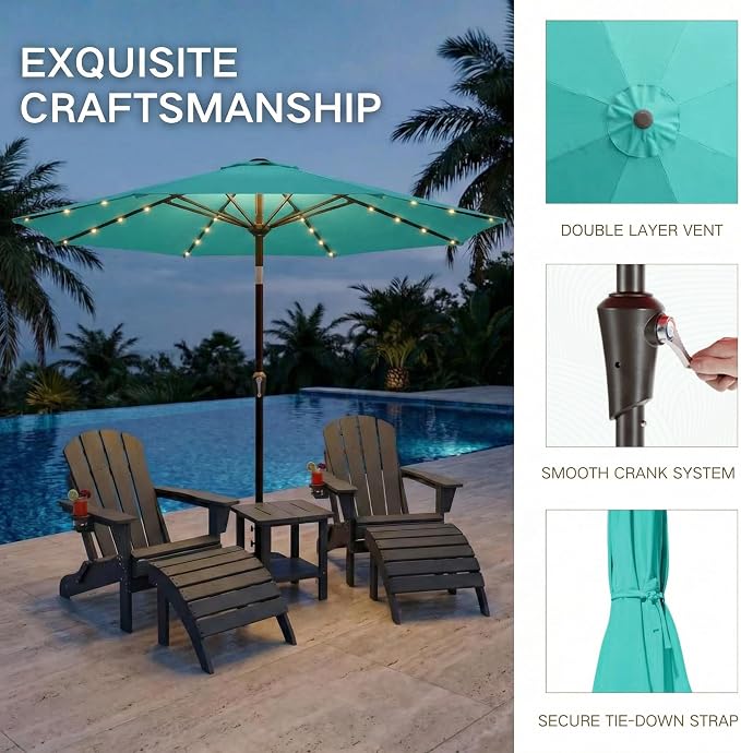 Kingdura 9FT Outdoor Patio Umbrella with Solar Lights, Market Table Umbrella with Push Button Tilt & Crank, 8 Sturdy Ribs, 32 LED Lights, UV Protection for Garden Lawn Deck Backyard Pool (Tiffany blue)