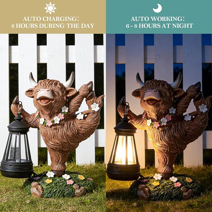 WDS WONDROUS Solar Highland Cow Outdoor Decor with LED Light, Garden Cow Decorations for Home with Flowers, Resin Highland Cow Figurine Gifts for Women Yard Decor Porch Patio Balcony Farmhouse