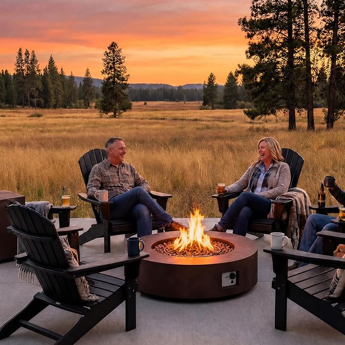 COSIEST Outdoor Propane Fire Pit Coffee Table w Dark Bronze 42 inch Round Base Patio Heater, Certified, 50,000 BTU Stainless Steel Burner, Free Lava Rocks, Waterproof Cover