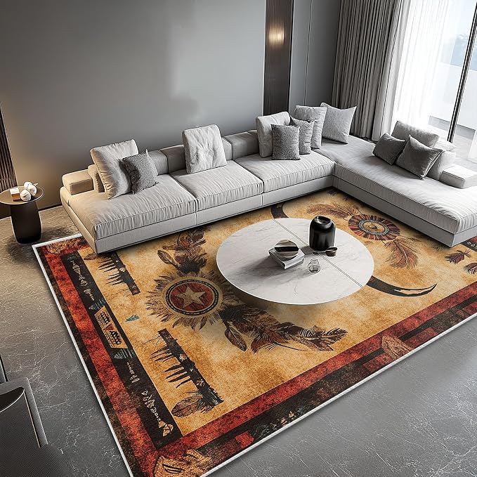 Western Area Rug Southwestern Cow Washable 8x10 Navajo Tribal Rugs for Living Room Bedroom Cowboy Rustic Non-Slip Soft Floor Large Carpet for Office Entryway Bathroom